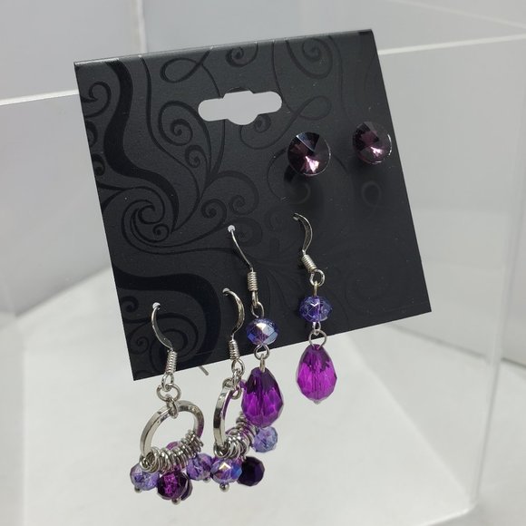Amethyst trio earrings with silver fish hook and pierced - Picture 2 of 6